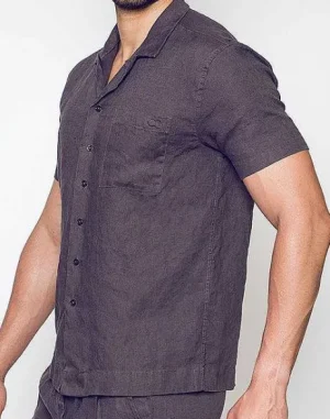 Clearance Breezy Linen Short Sleeve Classic Shirt-Dark Gray Shirts & Vests