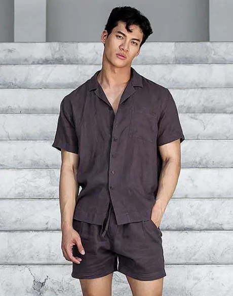 Clearance Breezy Linen Short Sleeve Classic Shirt-Dark Gray Shirts & Vests