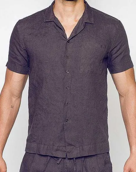 Clearance Breezy Linen Short Sleeve Classic Shirt-Dark Gray Shirts & Vests
