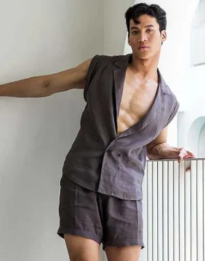 New Breezy Linen Single Button Wrap Vest-Dark Gray Shirts & Vests
