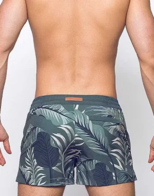 Best Sale S50 Print Shorts-Forest Green Hawaiian Print Beach Shorts